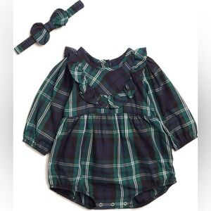 Rare Editions Ruffle Trim Plaid Bubble Romper & Headband, GREEN, Size 24M, NWT